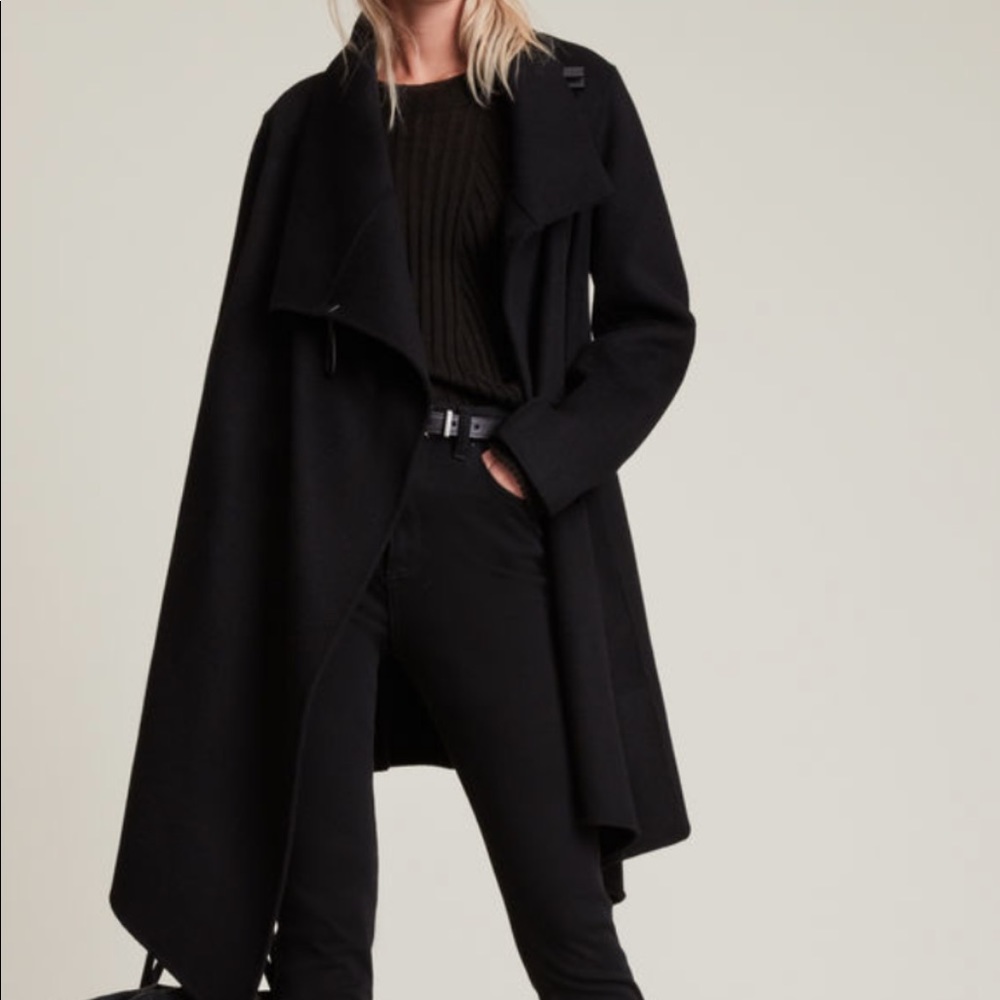 AllSaints Black Draped Wool Trench Coat